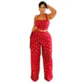 Detail van een tweedelige dames set in het rood met polkadots, crop top en broek met franjes. - S / Boven- En Onderstuk / Rood