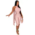 Side view detail of a sexy pink halter neck backless bodycon jumpsuit on model - S / Top And Bottom / Pink
