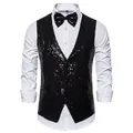 Gilet de scène à paillettes noires pour hommes avec nœud papillon assorti pour fête - S / Hauts / Noir
