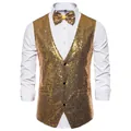 Ensemble gilet et nœud papillon à paillettes dorées pour homme, idéal pour la scène - S / Hauts / Or