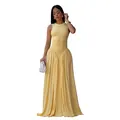 Elegantes hellgelbes ärmelloses Maxi-Kleid mit Rundhalsausschnitt und Faltenrock - S / Oberteil und Hose / Gelb