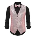 Sparkling pink sequin stage performance vest for men with matching sequined bow tie - Pink