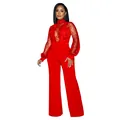 Eleganter roter Jumpsuit mit Pailletten, transparenten Ärmeln und hoher Taille. - S / Oberteil und Hose / Rot