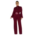 Eleganter weinroter Langarm-Jumpsuit mit Spitzen-Hohlraum-Detail und Taillengürtel - S / Oberteil und Hose / Burgunderrot