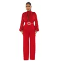 Eleganter roter Langarm-Jumpsuit mit Spitzen-Hohlsaum-Details und passendem Gürtel. - S / Oberteil und Hose / Rot