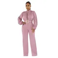 Detailansicht der Spitzenstickerei und des Gürtels an einem schicken altrosa Jumpsuit - S / Oberteil und Hose / Rosa