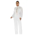 Detail of elegant white long sleeve hollow-out lace jumpsuit with gold buckle belt - White