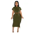 Completo due pezzi verde oliva con crop top e gonna midi con lunghe frange laterali. - Taglia S / Top E Pantaloni / Verde Scuro