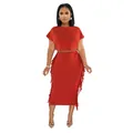 Elegante completo due pezzi terracotta con crop top a maniche corte e gonna midi con frange - Taglia S / Top E Pantaloni / Rosso