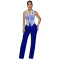 Elegant women's two-piece set with blue print halter top and matching high-waist trousers - L / Top And Bottom / Blue