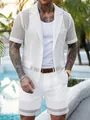 Close-up of white mesh men's casual blazer and shorts set with breathable fabric - S / Top And Bottom / White
