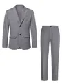 Detailed view of gray plaid men's business suit set with blazer and trousers - S / Top And Bottom / Gray