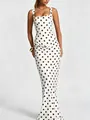 Slim fit white polka dot maxi dress with square neckline and elegant draping detail. - Polka Dot