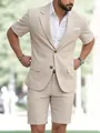 Stylish men's casual beige short-sleeve blazer and matching shorts suit set for summer - S / Top And Bottom / Khaki