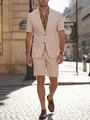 Elegant beige men's short-sleeved suit set and matching shorts for casual summer commute - S / Top And Bottom / Khaki
