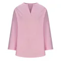 Vista frontal de blusa rosa de algodón y lino suelta con cuello en V y cuello mao - Rosa