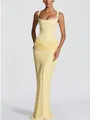 Elegant yellow sleeveless maxi dress with square neck and draped waist detail - Light Yellow