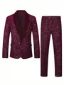 Detalle de traje de esmoquin burdeos con estampado de cielo estrellado plateado y cuello chal - S / Top Y Pantalón / Burdeos