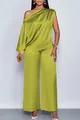 Elegante conjunto satinado de dos piezas verde lima con top asimétrico y pantalón - S / Parte Superior Y Inferior / Verde Hierba