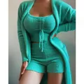 Detailed view of women's mint green 3-piece plush loungewear set with soft fuzzy texture - S / Top And Bottom / Three-Piece Set / Green