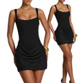 Elegant black sleeveless bodycon mini dress with corset bodice and draped skirt detail - S / Top And Bottom / Black