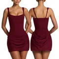 Burgundy sleeveless bodycon mini dress with ruched skirt, front and back detailed view - S / Top And Bottom / Burgundy