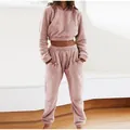 Conjunto de descanso rosa de felpa para mujer con sudadera corta con capucha y joggers. - S / Top y Pantalones / Rosa