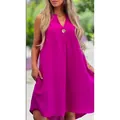 Elegante vestido casual sin mangas con cuello en V y botón decorativo rosa fucsia - S / Rosa rojo