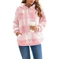 Comoda felpa con cappuccio in pile a quadretti rosa e bianchi con tasche frontali - Taglia S / Top / Rosa