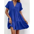 Robe courte bleue royale élégante avec col en V et volants pour un look chic décontracté - S / Hauts / Bleu foncé