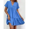 Robe d'été courte bleue à col en V avec volants et manches courtes pour femmes élégante - S / Hauts / Bleu Clair-Bleu