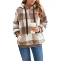 Sudadera con capucha de forro polar suave a cuadros marrones y blancos con bolsillos - S / Tops / Cuadros Caqui