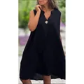 Elegant black sleeveless V-neck casual dress featuring a decorative gold button for women - Black
