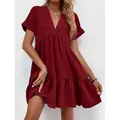 Robe d'été décontractée bordeaux élégante à col en V et manches courtes pour femme - S / Hauts / Bordeaux