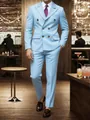 Vista completa de traje azul claro de raya diplomática para hombre en restaurante formal - S / Top Y Pantalón / Azul