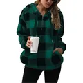 Sudadera con capucha de forro polar a cuadros verdes y negros para mujer con media cremallera - S / Tops / Plaid Verde