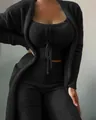 Close-up of a cozy black 3-piece fuzzy lounge set with a drawstring crop top - Black