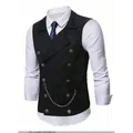 Classic black double-breasted men's business vest with an elegant decorative metal chain - S / Tops / Black
