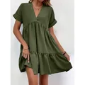 Élégante robe d'été courte évasée à col en V vert olive pour femmes, style décontracté - Vert Militaire