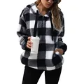 Cozy black and white buffalo plaid Sherpa fleece hoodie with drawstring hood and pockets - Black and White Plaid