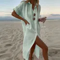 Mint green linen shirt dress beach cover-up detail with button-down front view - S / Tops / White