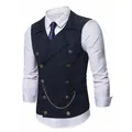 Classic navy blue double-breasted business waistcoat for men featuring a decorative chain - S / Tops / Navy Blue