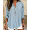 Blusa de lino suelta para mujer en azul claro con cuello en V y manga larga, básica - Azul cielo