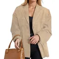 Veste blazer vintage marron en similicuir suédé avec coupe ample et poches pour femme - S / Hauts / Kaki