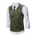 Men's green suede double-breasted business vest with decorative metal chain detail - S / Tops / Army Green