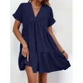 Robe courte décontractée bleu marine à col en V et ourlet volanté élégante - Bleu Marine