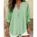 Blusa casual de lino verde de manga larga con ajuste holgado y elegante cuello en V - Verde