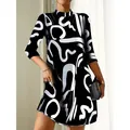 Elegante vestido negro con estampado abstracto blanco, moda de otoño para mujeres - S / Vestidos / Negro