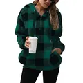 Dettaglio felpa in pile a quadri da donna con mezza zip e cappuccio con coulisse regolabile - Blu navy