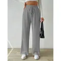 Pantalón informal gris de punto de pernera ancha con cintura alta elástica y cordón. - L / Bottoms / Gris